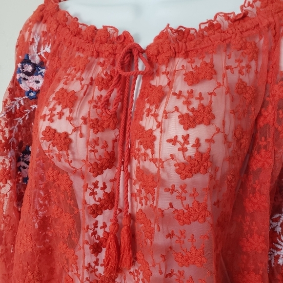 Free People Women's Jubilee Medium Coral Lace Long Sleeve Blouse Embroidered Top - Picture 5 of 10